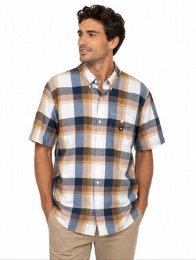 DC Men's Plaid Short Sleeve Button-Up Shirt Size Large Blue Tan Casual